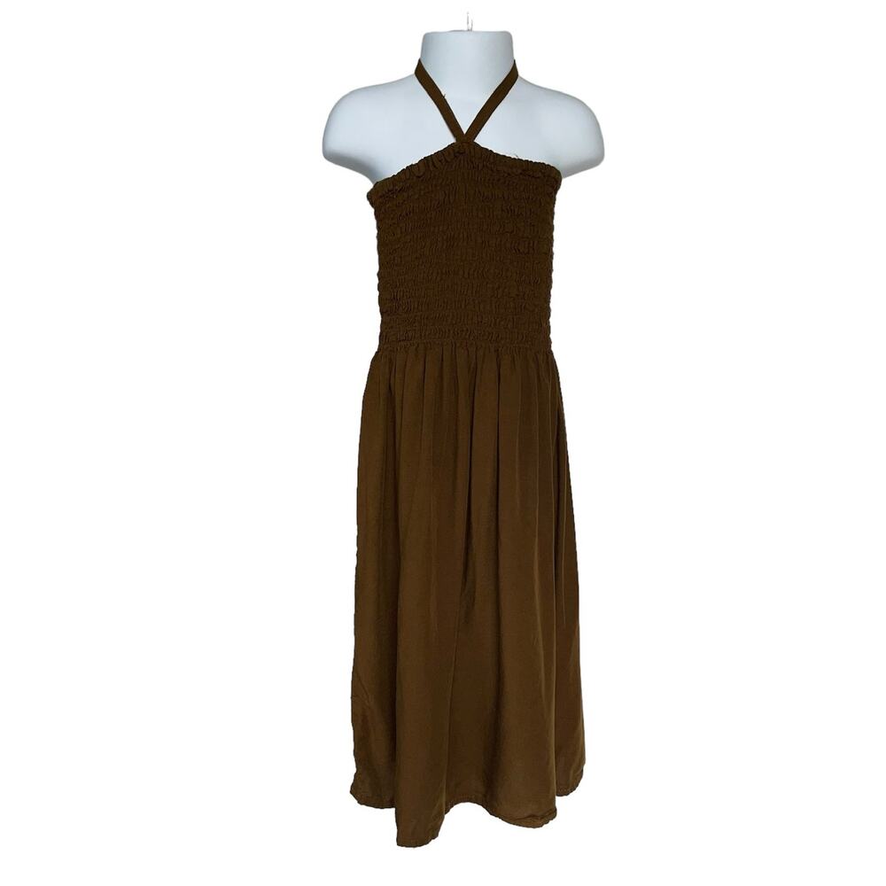 Girls L 7-8 Tiki Palm Brown Smocked Halter Maxi Sundress Dress